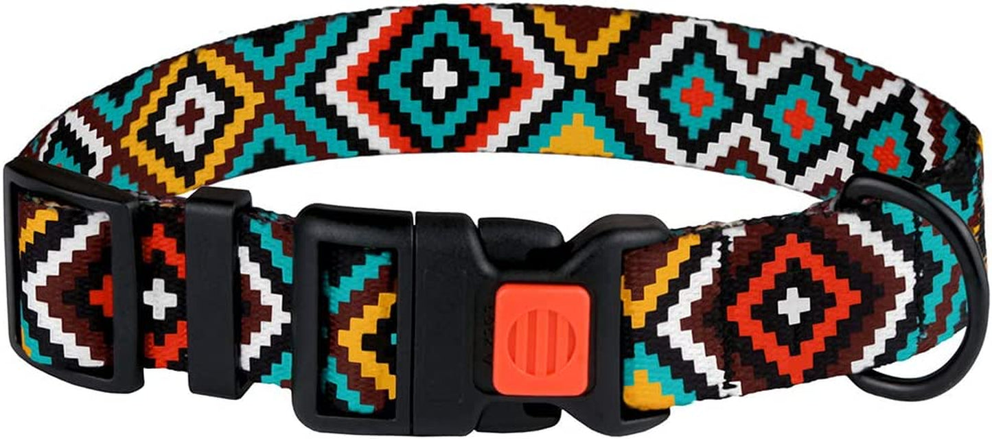 Geometric Dog Collar with Quick Release Buckle, Adjustable Nylon - Purple/Yellow/Orange Pattern, Small/Medium/Large Dogs - Teal, Neck Fit 10"-13"