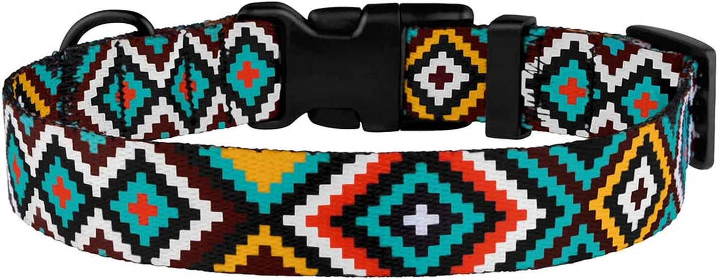 Geometric Dog Collar with Quick Release Buckle, Adjustable Nylon - Purple/Yellow/Orange Pattern, Small/Medium/Large Dogs - Teal, Neck Fit 10"-13"