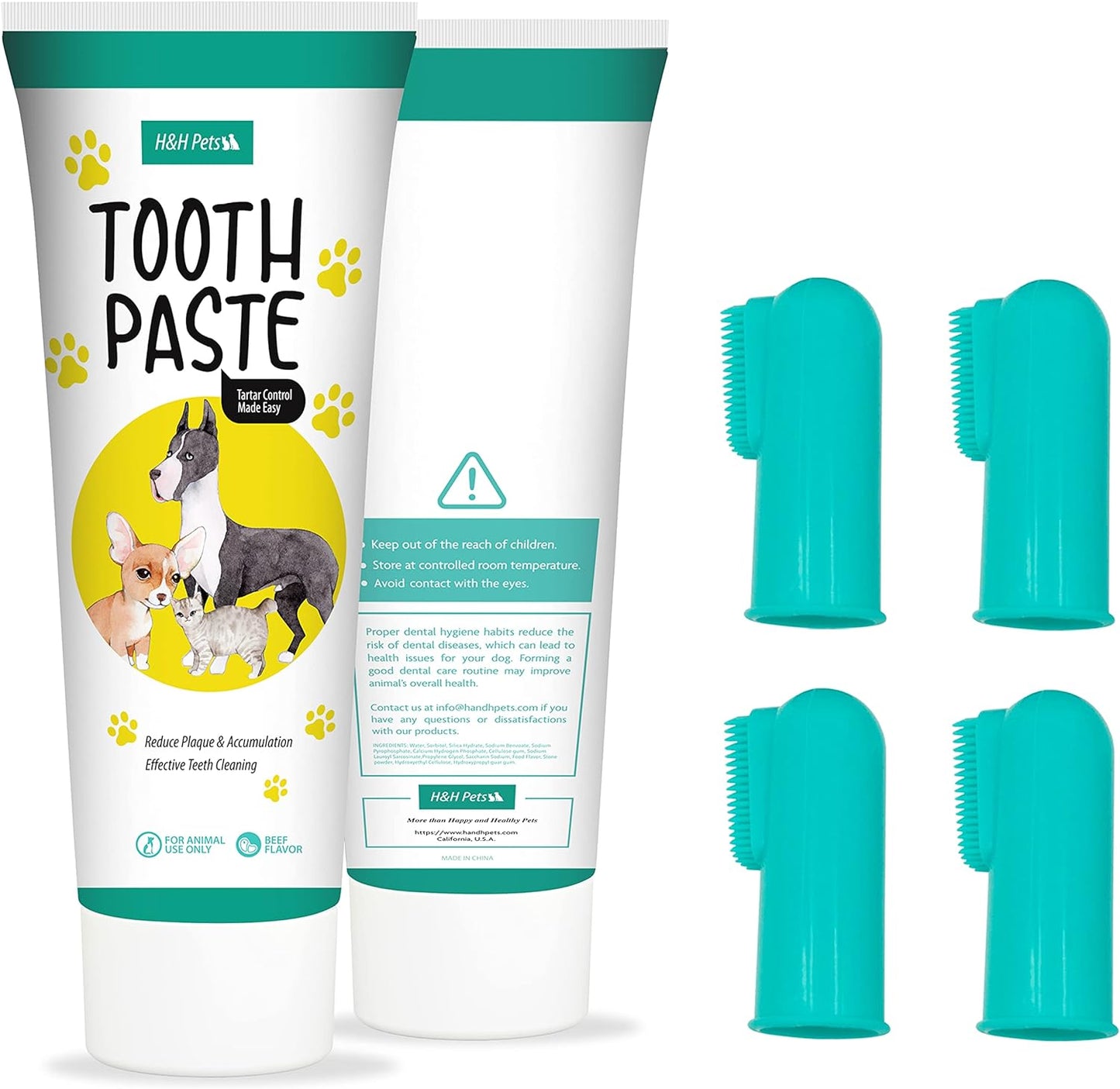 Professional Pet Dental Care Set for Dogs and Cats - Small Size, 4 Finger Toothbrushes and 3.5 Oz Toothpaste