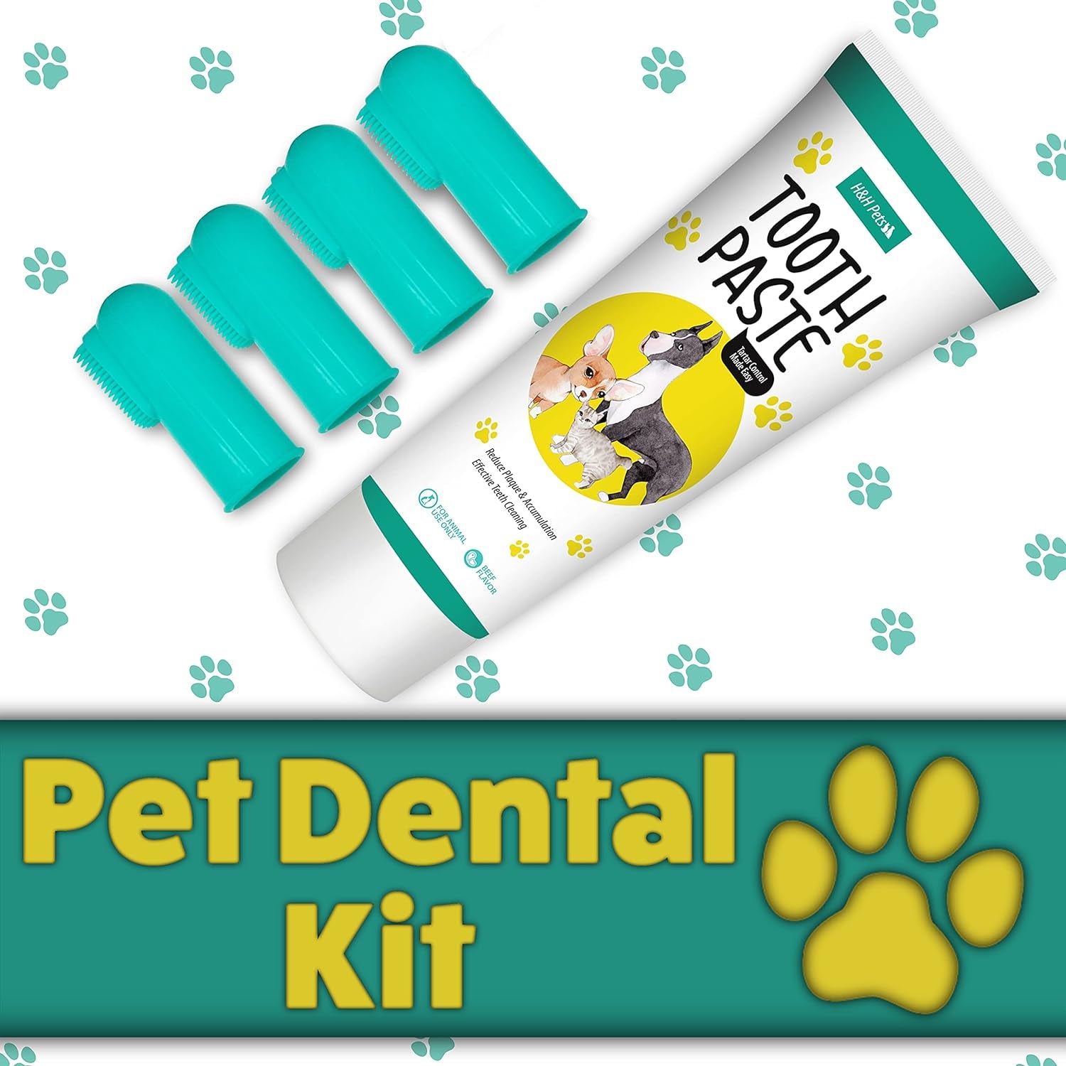 Professional Pet Dental Care Set for Dogs and Cats - Small Size, 4 Finger Toothbrushes and 3.5 Oz Toothpaste