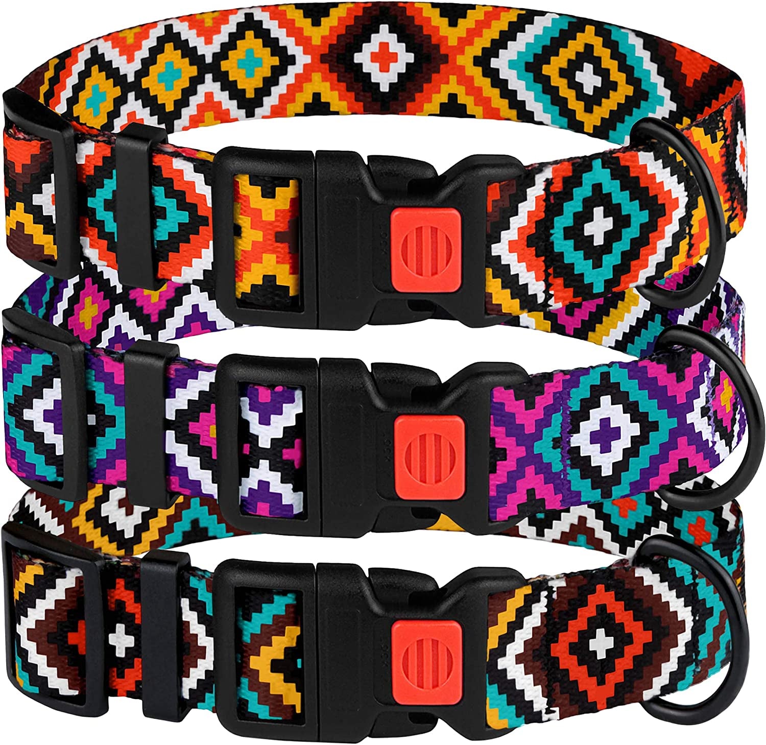 Geometric Dog Collar with Quick Release Buckle, Adjustable Nylon - Purple/Yellow/Orange Pattern, Small/Medium/Large Dogs - Teal, Neck Fit 10"-13"