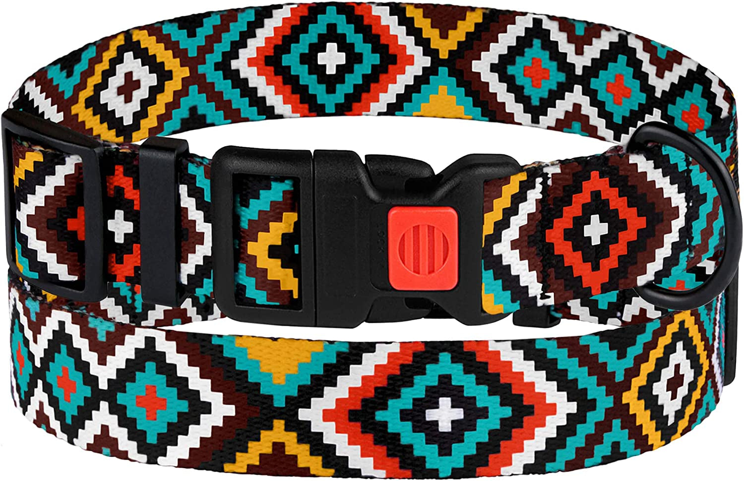 Geometric Dog Collar with Quick Release Buckle, Adjustable Nylon - Purple/Yellow/Orange Pattern, Small/Medium/Large Dogs - Teal, Neck Fit 10"-13"